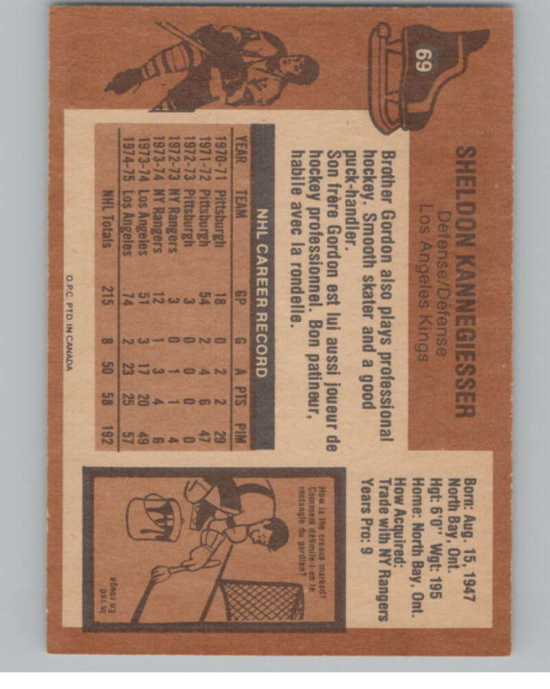 1975-76 O-Pee-Chee #69 Sheldon Kannegiesser Hockey Los Angeles  V103914 Image 2