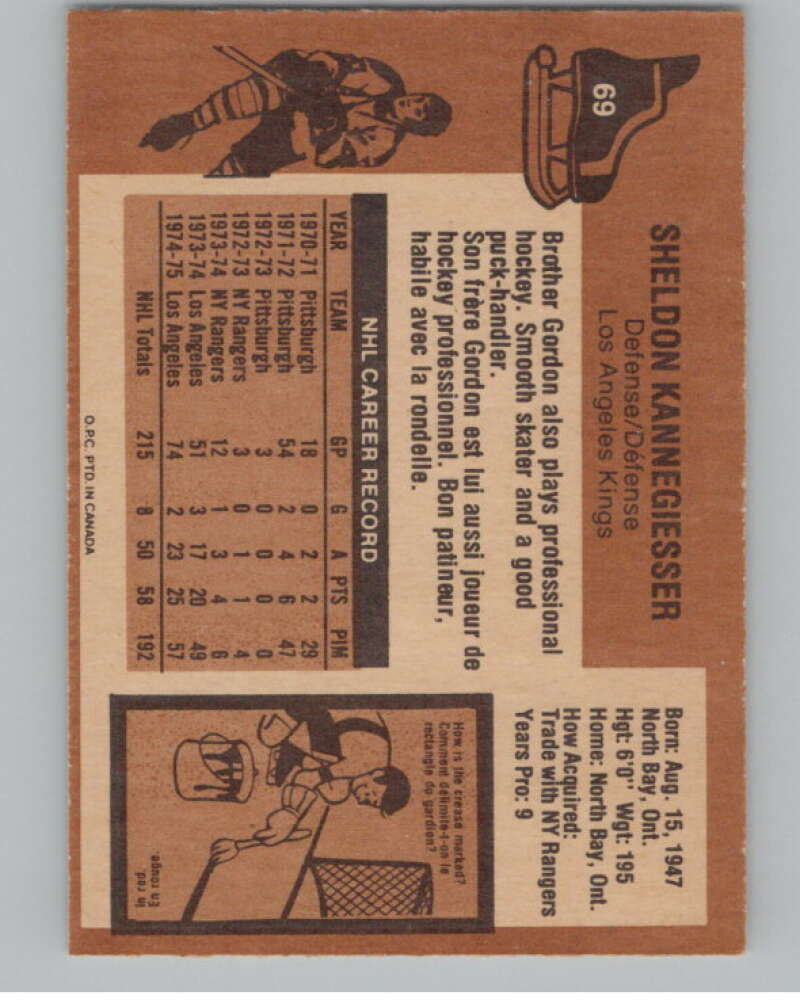 1975-76 O-Pee-Chee #69 Sheldon Kannegiesser Hockey Los Angeles  V103915 Image 2