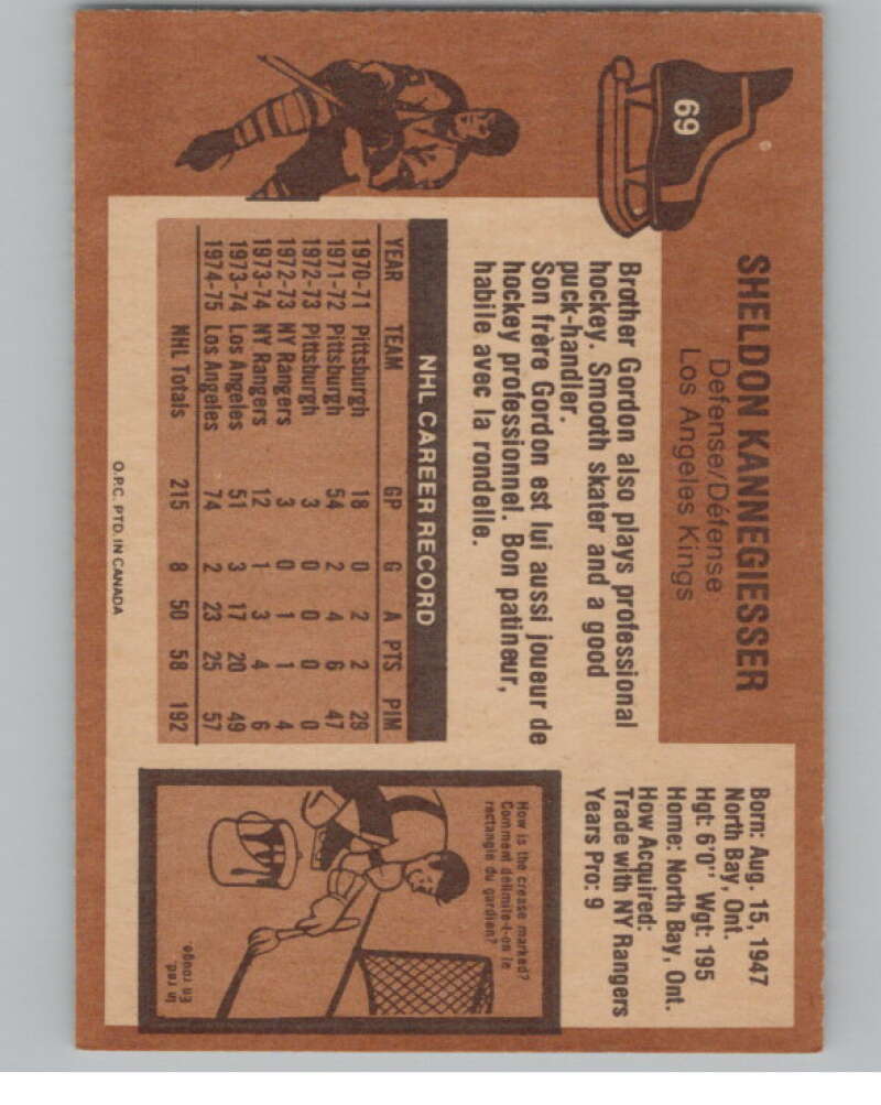 1975-76 O-Pee-Chee #69 Sheldon Kannegiesser Hockey Los Angeles  V103916 Image 2