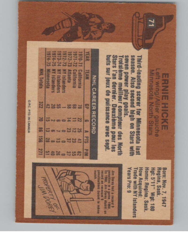 1975-76 O-Pee-Chee #71 Ernie Hicke Hockey Minnesota North Stars  V103919 Image 2