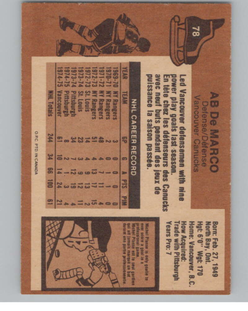 1975-76 O-Pee-Chee #78 Ab DeMarco Hockey Vancouver Canucks  V103923 Image 2