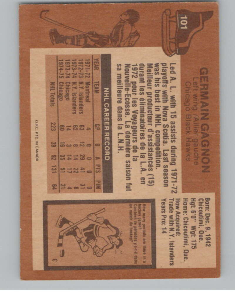 1975-76 O-Pee-Chee #101 Germain Gagnon Hockey Kansas City Scouts  V103924 Image 2