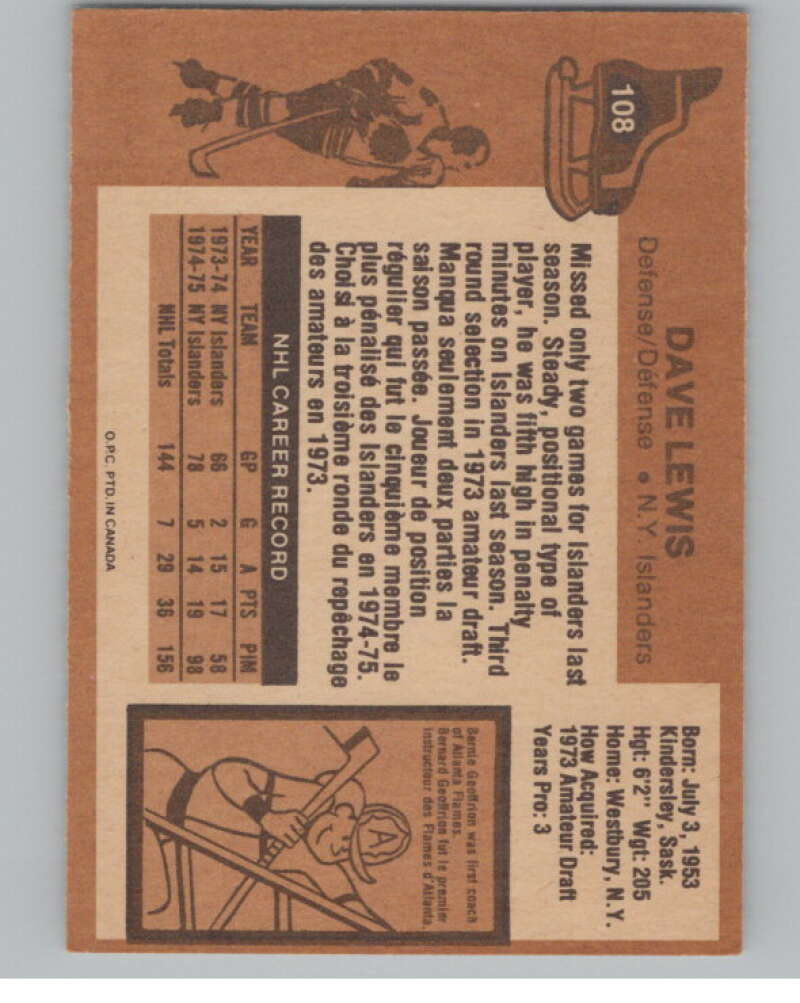 1975-76 O-Pee-Chee #108 Dave Lewis Hockey New York Islanders  V103925 Image 2