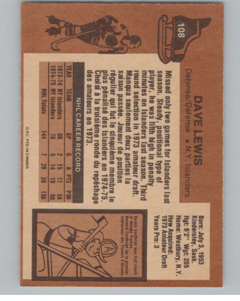1975-76 O-Pee-Chee #108 Dave Lewis Hockey New York Islanders  V103927 Image 2