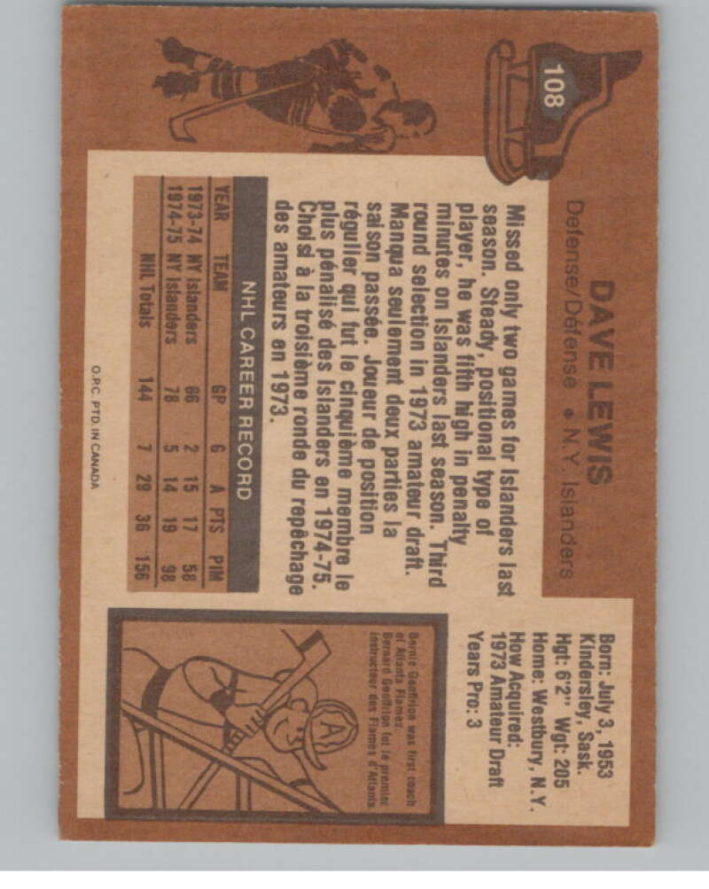1975-76 O-Pee-Chee #108 Dave Lewis Hockey New York Islanders  V103928 Image 2