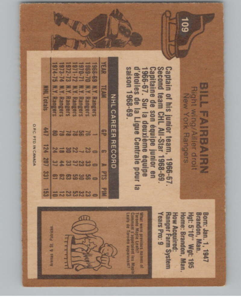 1975-76 O-Pee-Chee #109 Bill Fairbairn Hockey New York Rangers  V103929 Image 2