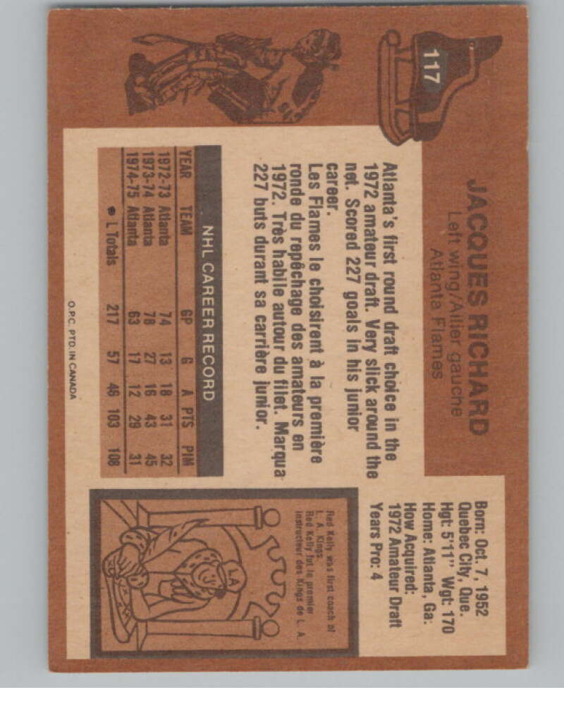 1975-76 O-Pee-Chee #117 Jacques Richard Hockey Atlanta Flames  V103930 Image 2