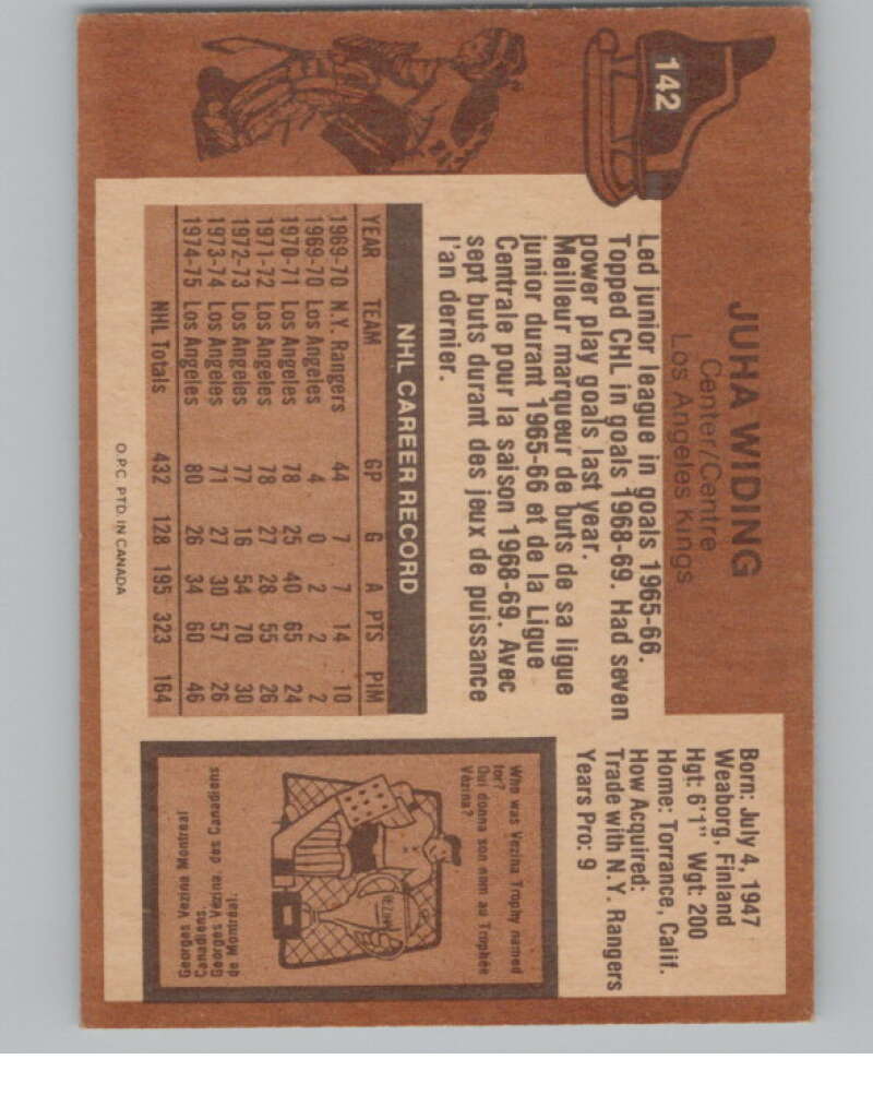 1975-76 O-Pee-Chee #142 Juha Widing Hockey Los Angeles Kings  V103933 Image 2