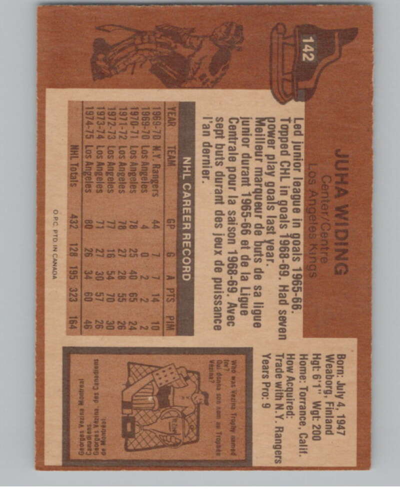1975-76 O-Pee-Chee #142 Juha Widing Hockey Los Angeles Kings  V103934 Image 2