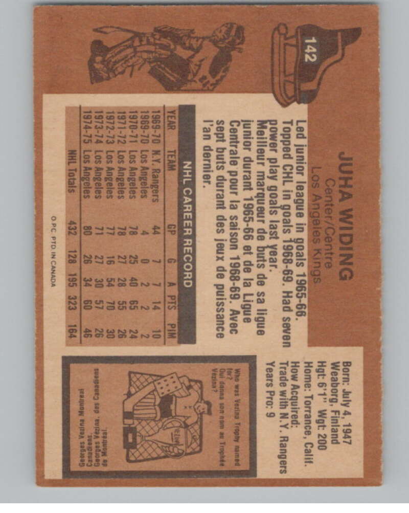 1975-76 O-Pee-Chee #142 Juha Widing Hockey Los Angeles Kings  V103935 Image 2