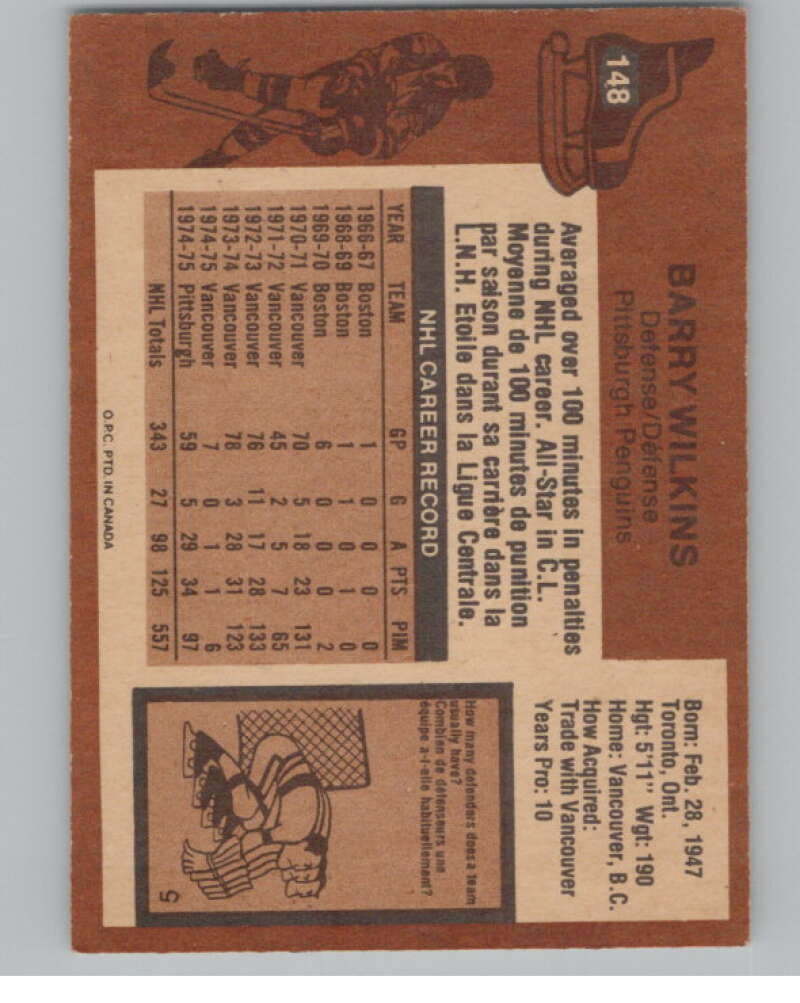 1975-76 O-Pee-Chee #148 Barry Wilkins Hockey Pittsburgh Penguins  V103936 Image 2