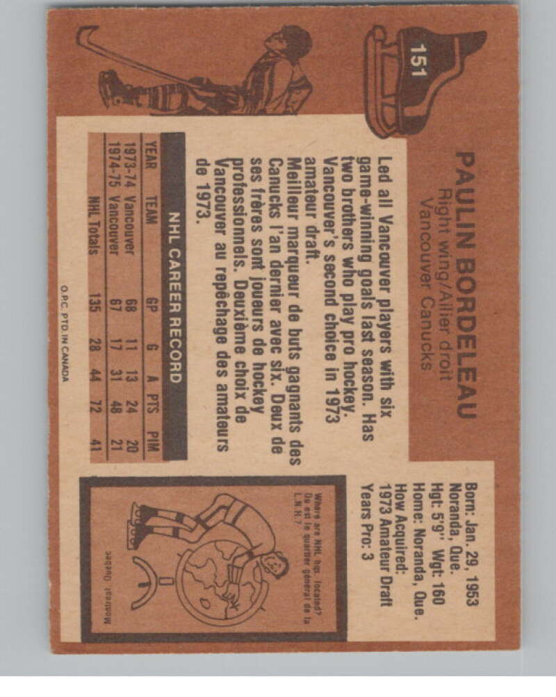 1975-76 O-Pee-Chee #151 Paulin Bordeleau Hockey Vancouver Canucks  V103937 Image 2