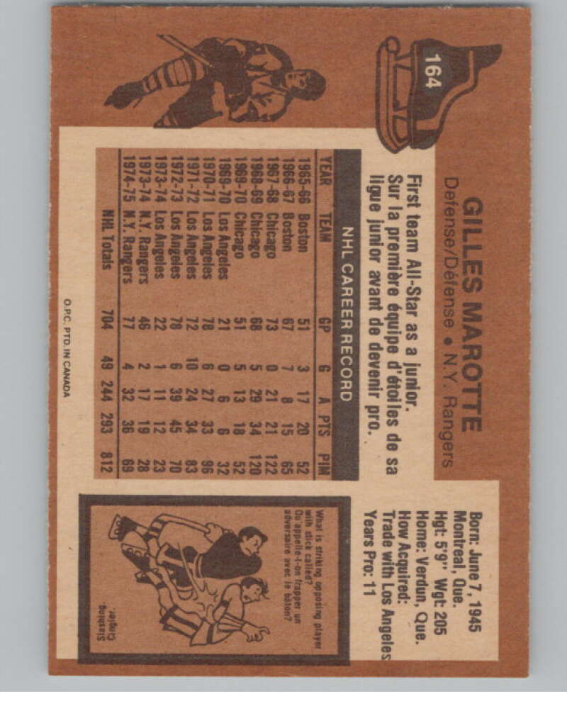 1975-76 O-Pee-Chee #164 Gilles Marotte Hockey New York Rangers  V103942 Image 2