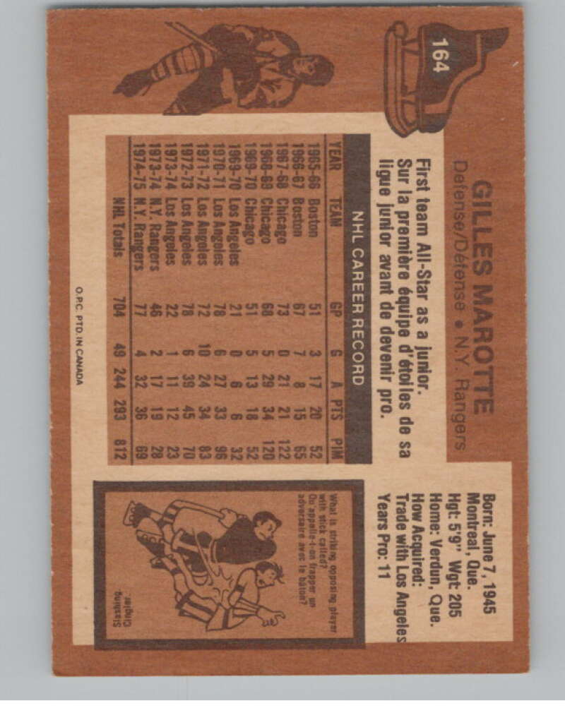 1975-76 O-Pee-Chee #164 Gilles Marotte Hockey New York Rangers  V103943 Image 2