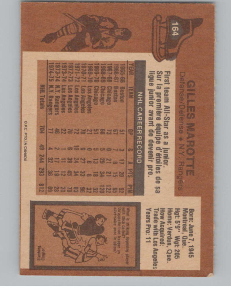 1975-76 O-Pee-Chee #164 Gilles Marotte Hockey New York Rangers  V103944 Image 2