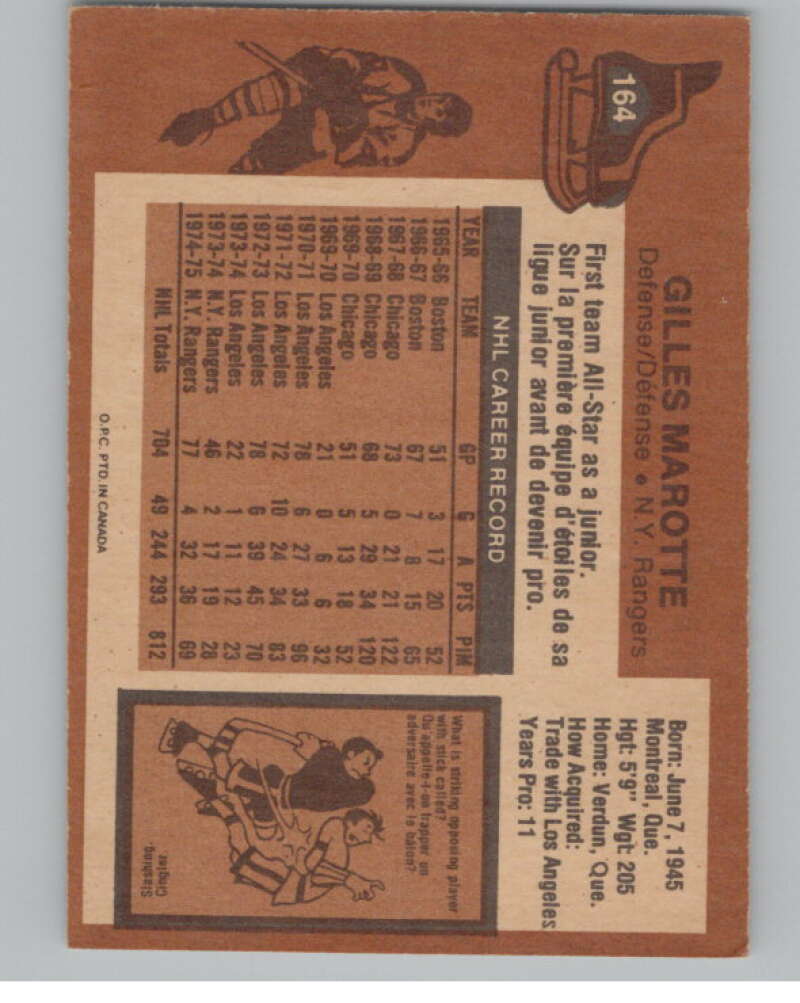 1975-76 O-Pee-Chee #164 Gilles Marotte Hockey New York Rangers  V103945 Image 2