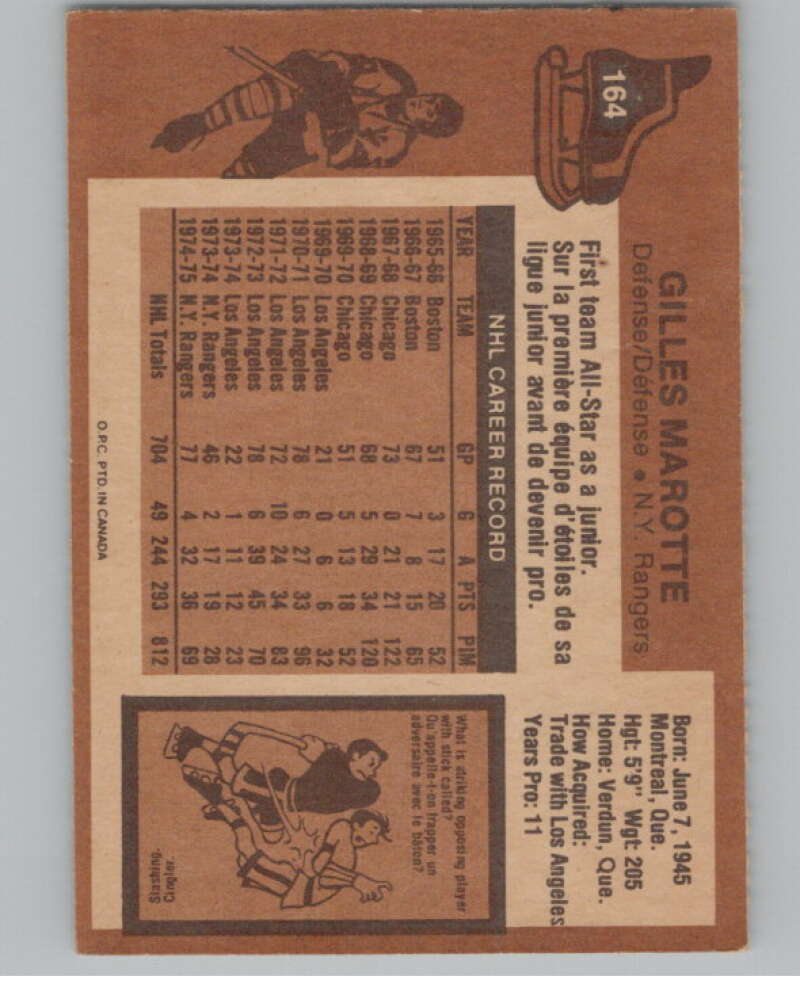 1975-76 O-Pee-Chee #164 Gilles Marotte Hockey New York Rangers  V103946 Image 2