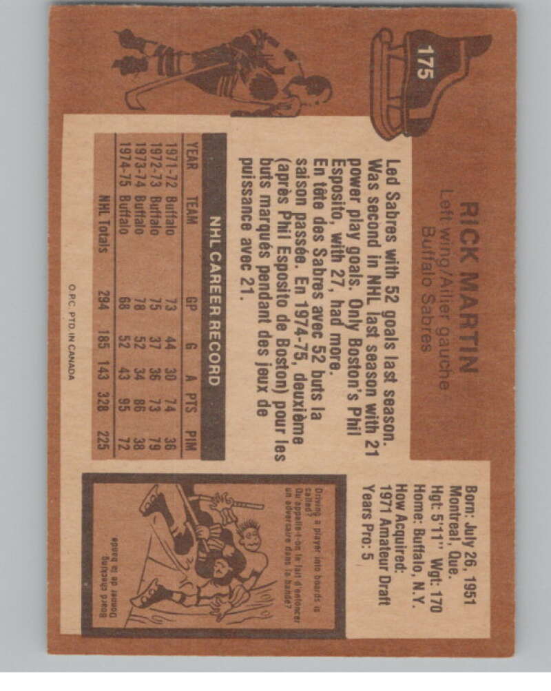 1975-76 O-Pee-Chee #175 Rick Martin Hockey Buffalo Sabres  V103948 Image 2