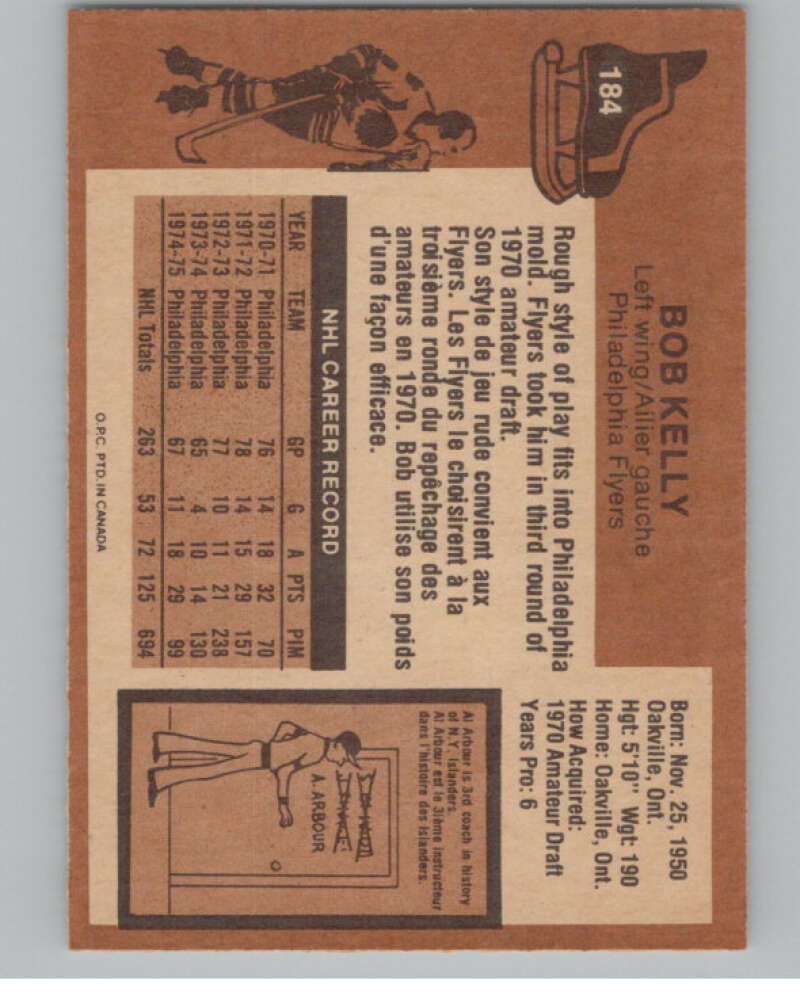 1975-76 O-Pee-Chee #184 Bob Kelly Hockey Philadelphia Flyers  V103949 Image 2