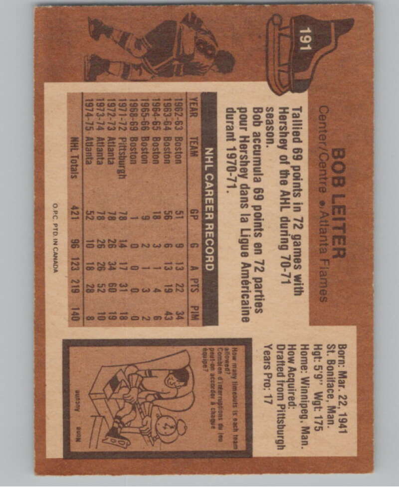 1975-76 O-Pee-Chee #191 Bob Leiter Hockey Atlanta Flames  V103951 Image 2