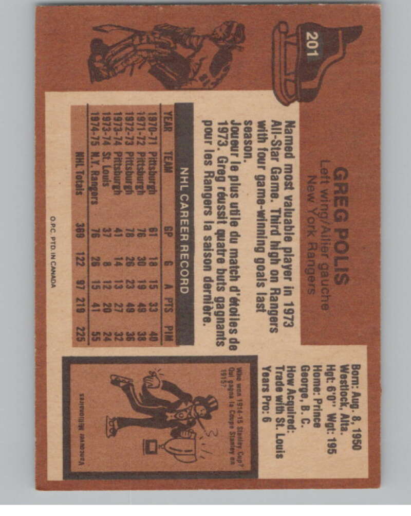 1975-76 O-Pee-Chee #201 Greg Polis Hockey New York Rangers  V103957 Image 2