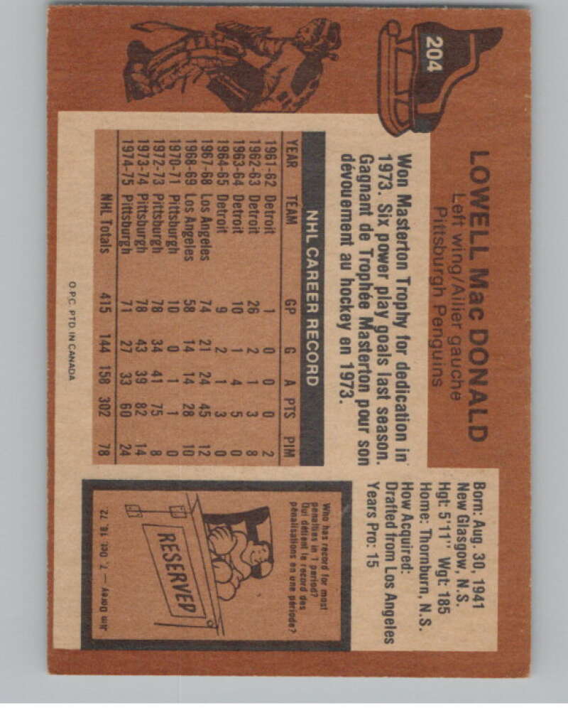 1975-76 O-Pee-Chee #204 Lowell MacDonald Hockey Pittsburgh Penguins  V103958 Image 2