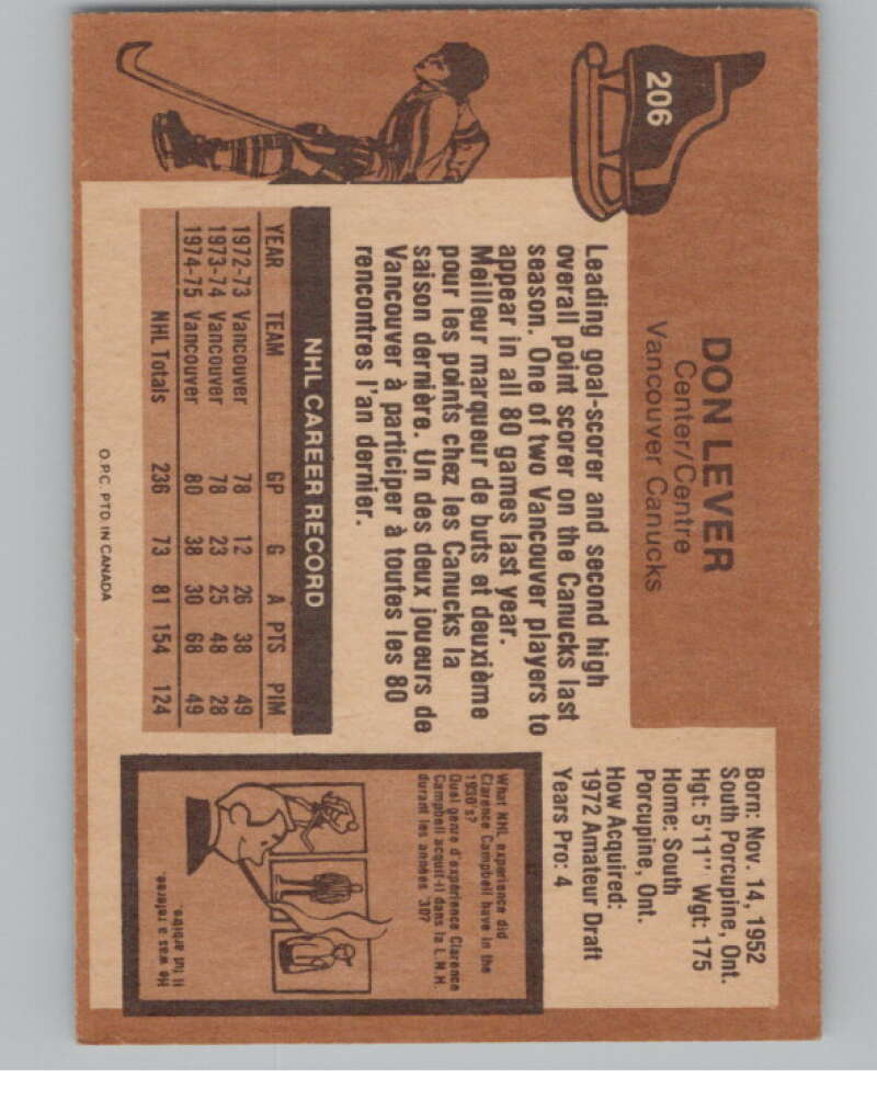 1975-76 O-Pee-Chee #206 Don Lever Hockey Vancouver Canucks  V103959 Image 2