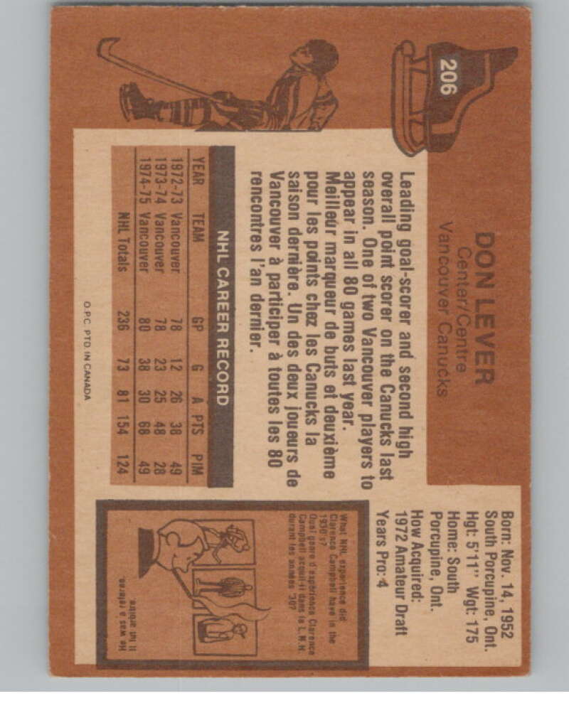 1975-76 O-Pee-Chee #206 Don Lever Hockey Vancouver Canucks  V103960 Image 2