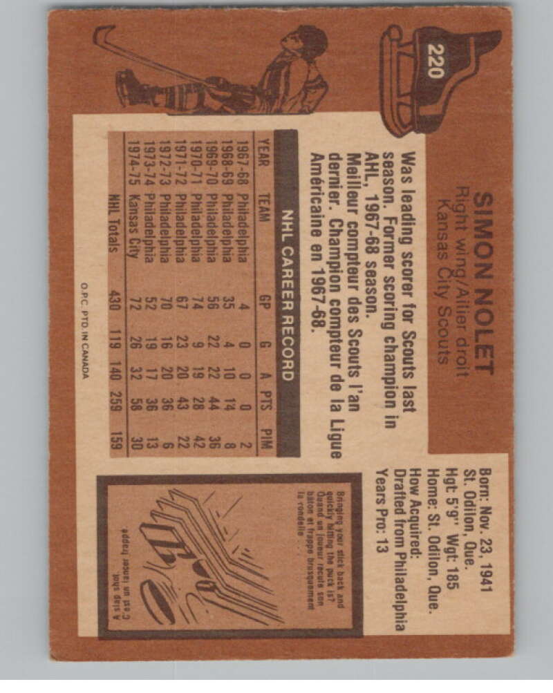 1975-76 O-Pee-Chee #220 Simon Nolet Hockey Kansas City Scouts  V103961 Image 2