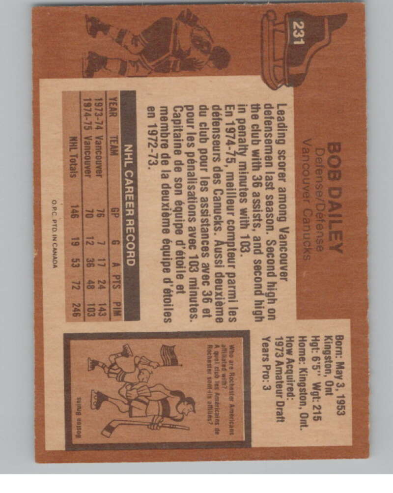 1975-76 O-Pee-Chee #231 Bob Dailey Hockey Vancouver Canucks  V103962 Image 2