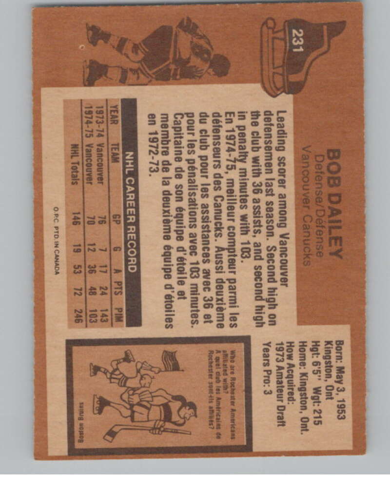 1975-76 O-Pee-Chee #231 Bob Dailey Hockey Vancouver Canucks  V103963 Image 2