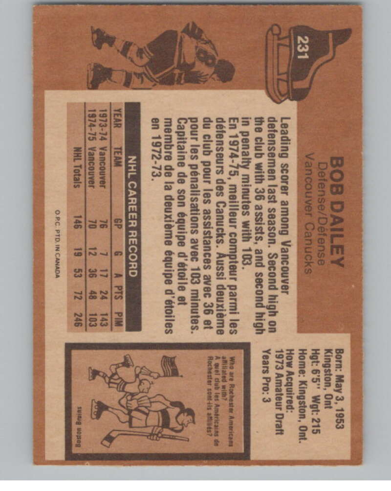1975-76 O-Pee-Chee #231 Bob Dailey Hockey Vancouver Canucks  V103964 Image 2