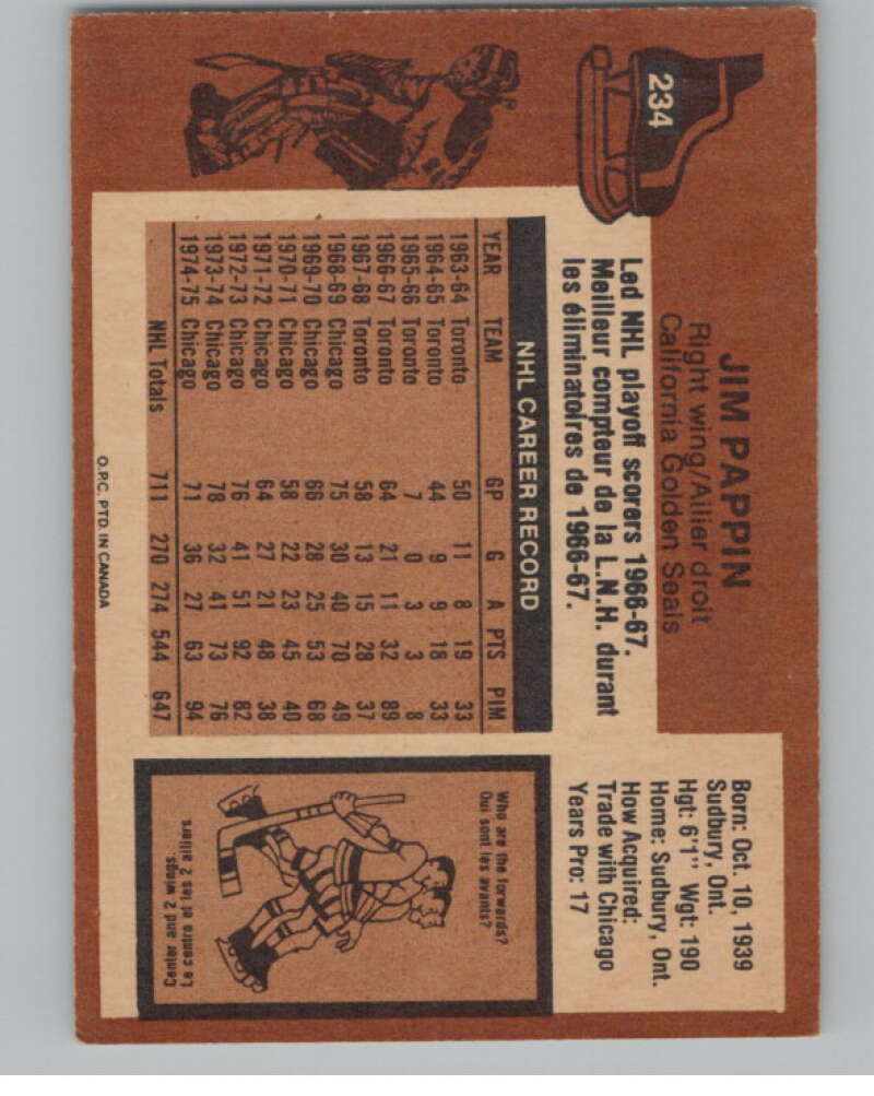 1975-76 O-Pee-Chee #234 Jim Pappin Hockey California Golden Seals  V103967 Image 2