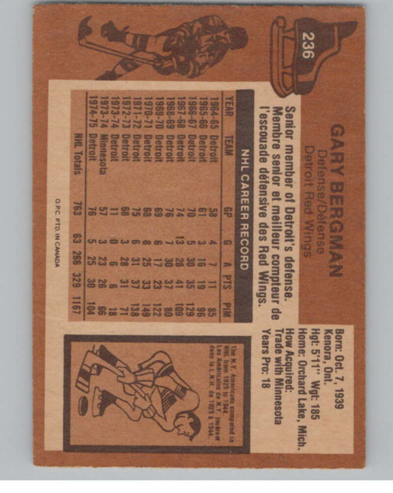 1975-76 O-Pee-Chee #236 Gary Bergman Hockey Detroit Red Wings  V103970 Image 2