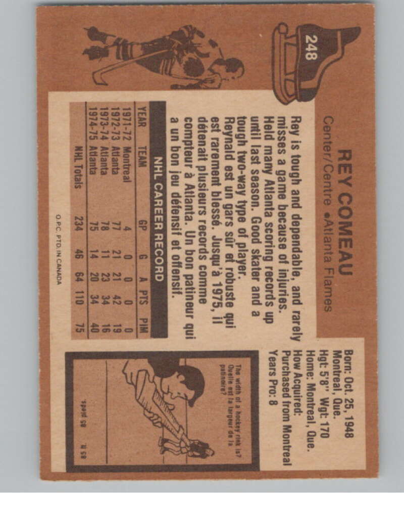 1975-76 O-Pee-Chee #248 Rey Comeau Hockey Atlanta Flames  V103978 Image 2