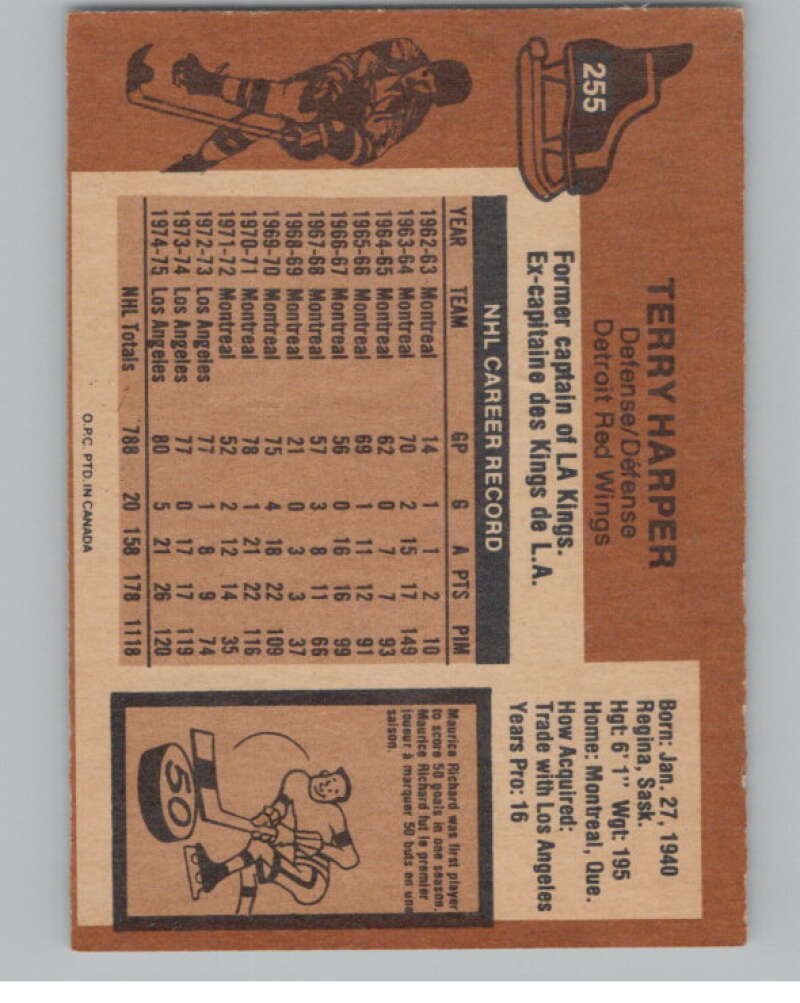 1975-76 O-Pee-Chee #255 Terry Harper Hockey Detroit Red Wings  V103979 Image 2
