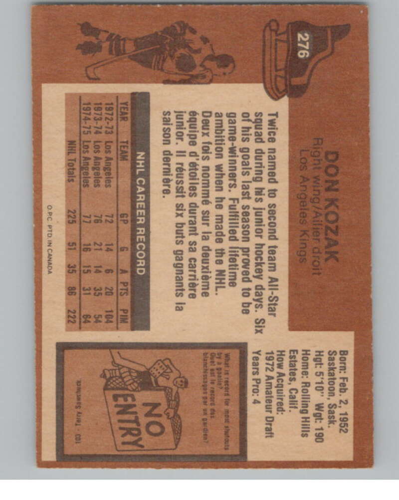 1975-76 O-Pee-Chee #276 Don Kozak Hockey Los Angeles Kings  V103984 Image 2