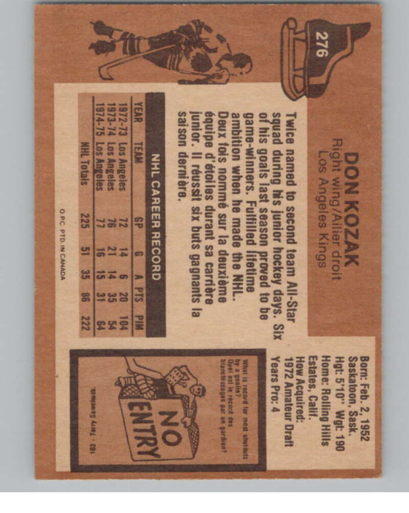 1975-76 O-Pee-Chee #276 Don Kozak Hockey Los Angeles Kings  V103985 Image 2