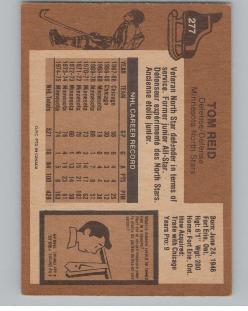 1975-76 O-Pee-Chee #277 Tom Reid Hockey Minnesota North Stars  V103990 Image 2