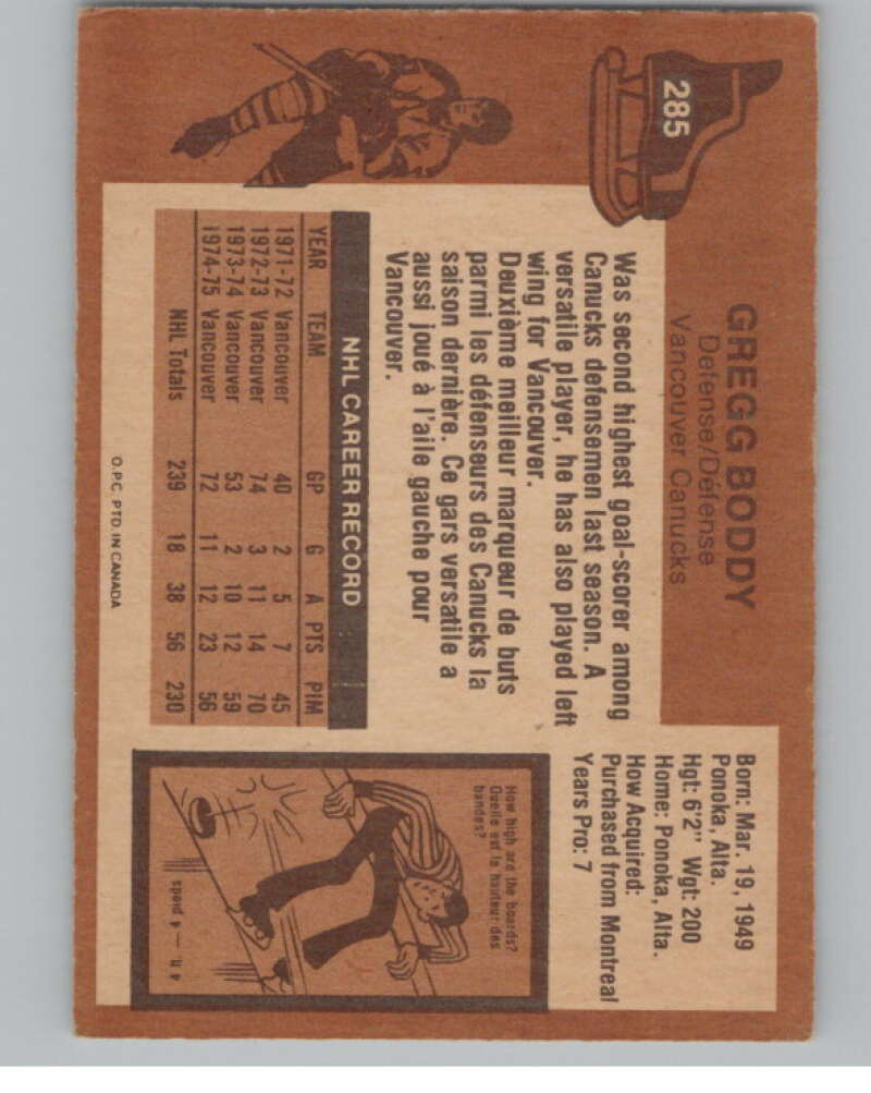 1975-76 O-Pee-Chee #285 Gregg Boddy Hockey Vancouver Canucks  V103991 Image 2