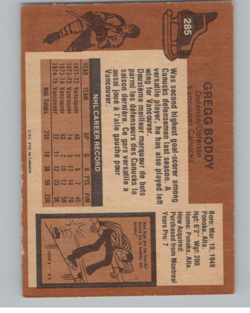 1975-76 O-Pee-Chee #285 Gregg Boddy Hockey Vancouver Canucks  V103992 Image 2
