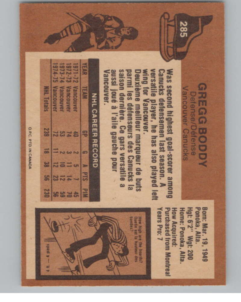 1975-76 O-Pee-Chee #285 Gregg Boddy Hockey Vancouver Canucks  V103993 Image 2