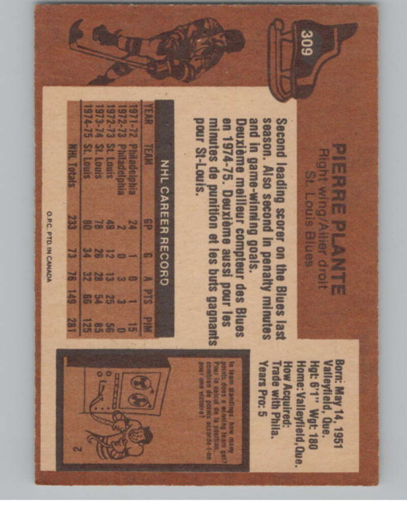 1975-76 O-Pee-Chee #309 Pierre Plante Hockey St. Louis Blues  V103996 Image 2