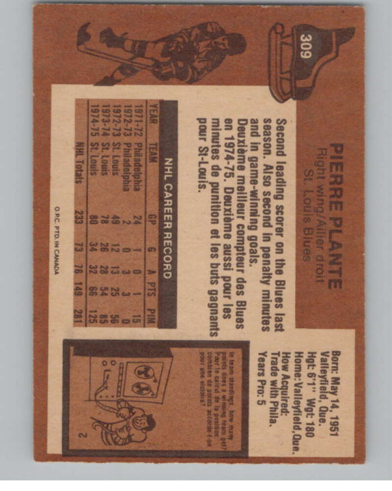 1975-76 O-Pee-Chee #309 Pierre Plante Hockey St. Louis Blues  V103997 Image 2