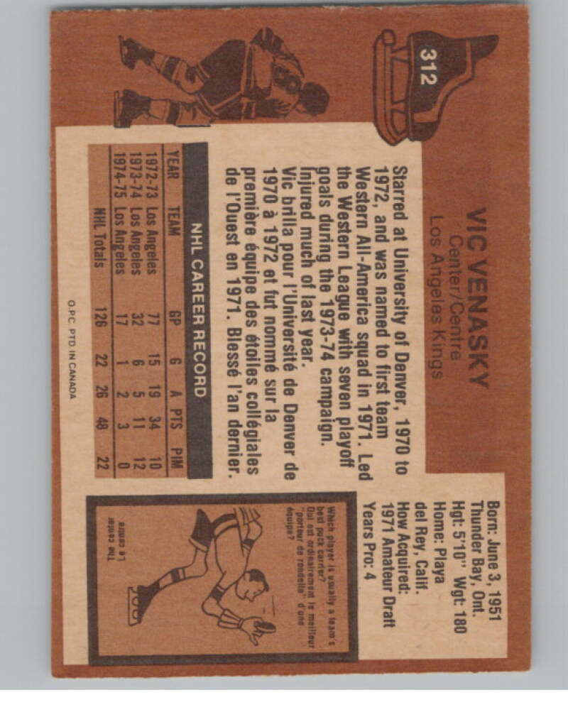 1975-76 O-Pee-Chee #312 Vic Venasky Hockey Los Angeles Kings  V103998 Image 2