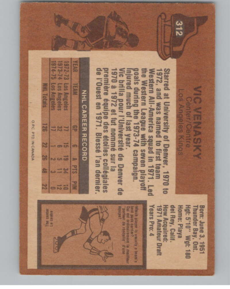 1975-76 O-Pee-Chee #312 Vic Venasky Hockey Los Angeles Kings  V103999 Image 2
