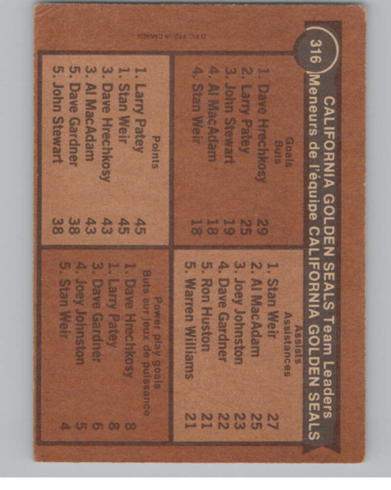 1975-76 O-Pee-Chee #316 Stan Weir TL Hockey California Golden Seals  V104005 Image 2