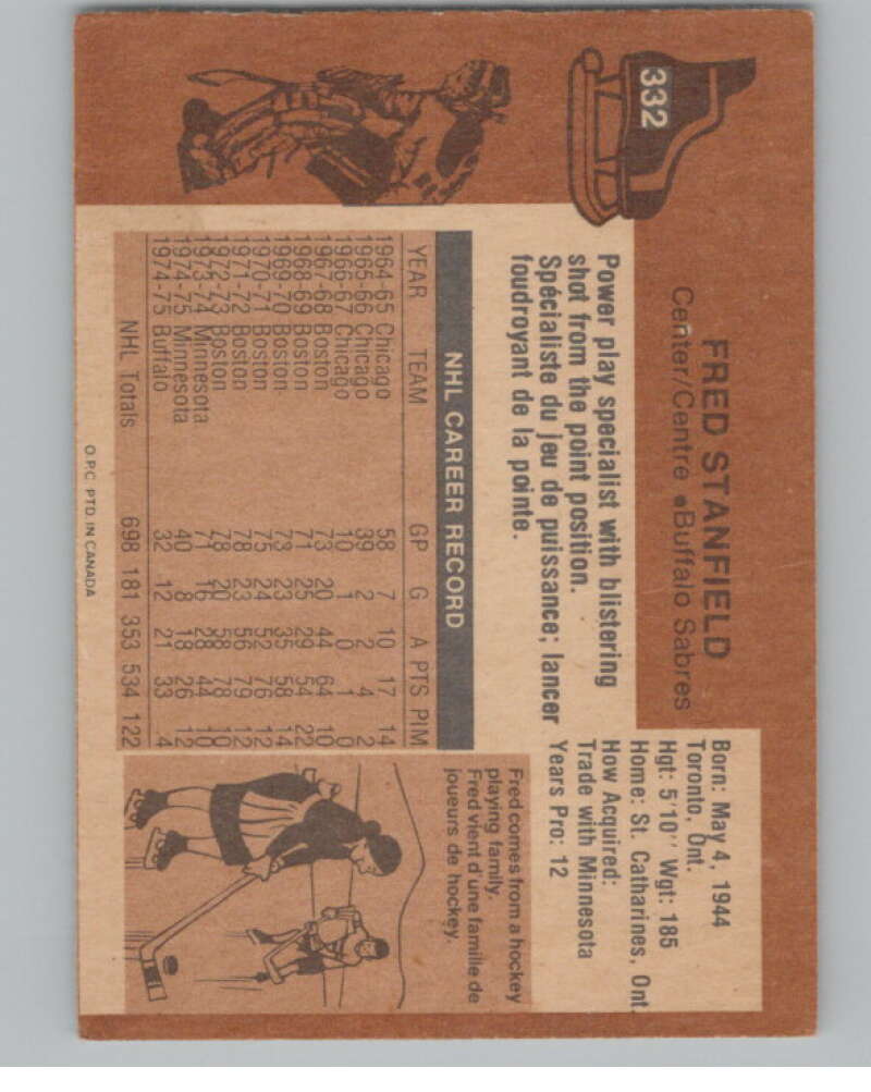 1975-76 O-Pee-Chee #332 Fred Stanfield Hockey Buffalo Sabres  V104015 Image 2