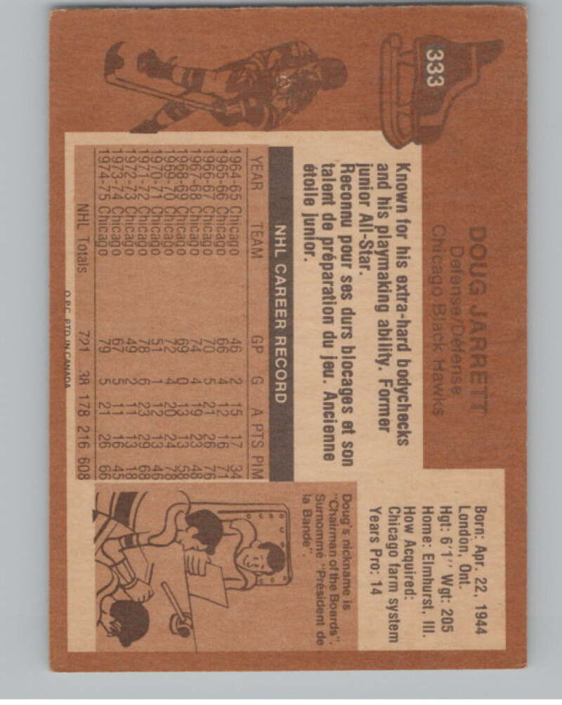 1975-76 O-Pee-Chee #333 Doug Jarrett Hockey Chicago Blackhawks  V104016 Image 2