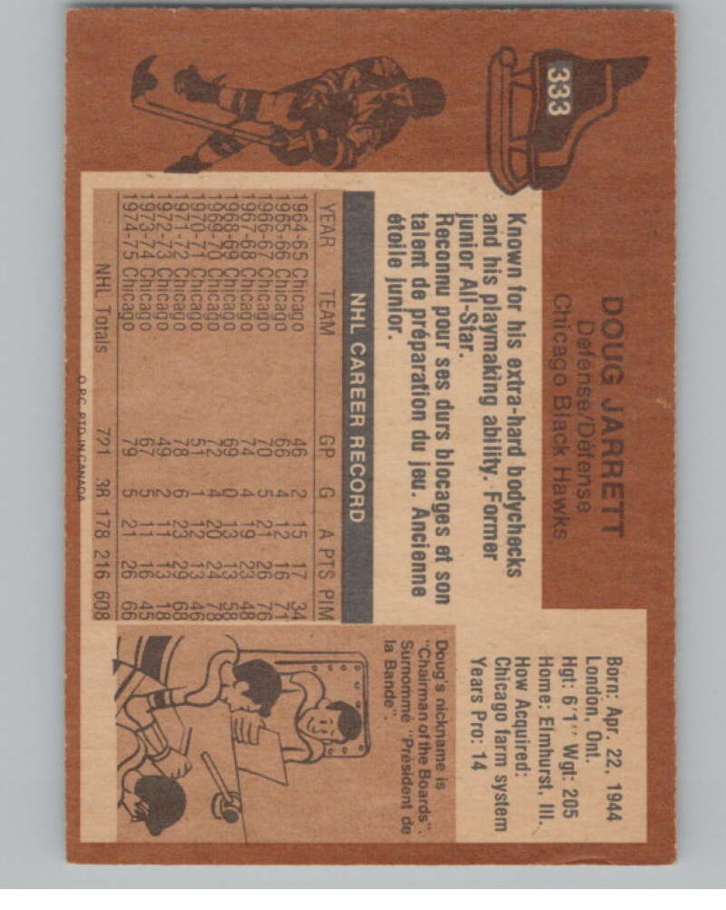 1975-76 O-Pee-Chee #333 Doug Jarrett Hockey Chicago Blackhawks  V104017 Image 2